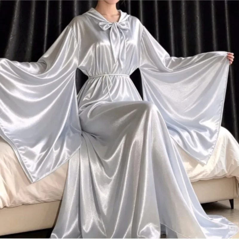 Unisex Smooth Elegant Fashion Large Sleeved Dress Glossy Satin Loose Pajamas Evening Dress Sissy Private Party Costume