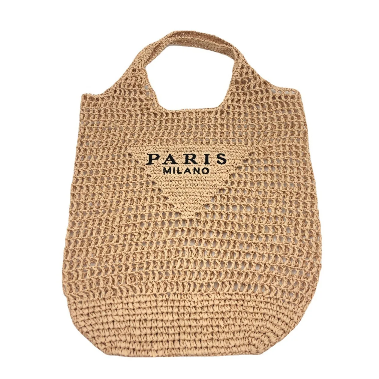 Spring and summer hollowed-out one-shoulder tote bag embroidered letter paper rope straw woven bag women\'s portable beach bag