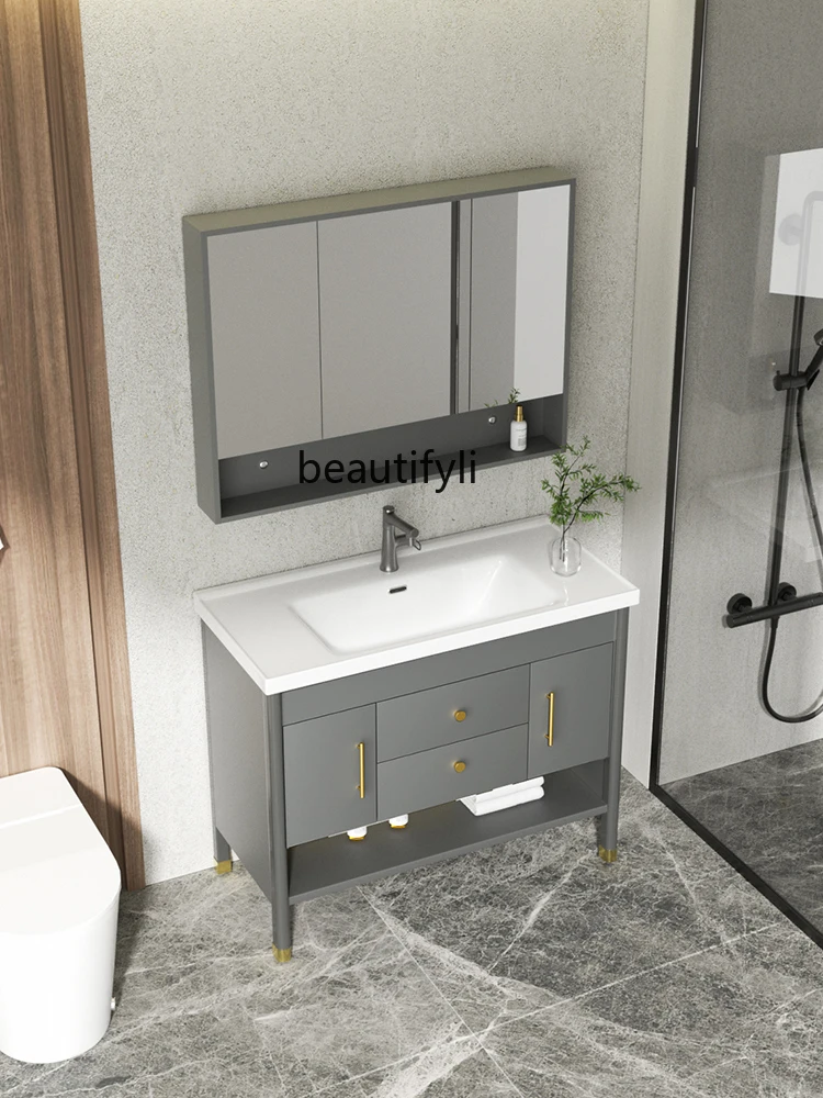 Solid Wood Bathroom Cabinet Ceramic Whole Washbin Floor Assembled Cabinet Oak Bathroom Stone Plate Hand Washing Washbasin