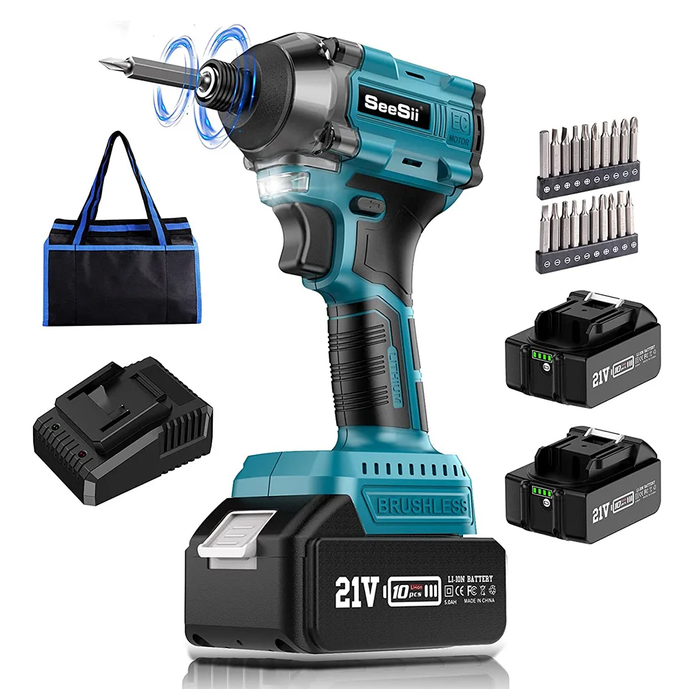 Seesii 250NM Impact Driver 21V Brushless Cordless Electric Screwdriver 1/4