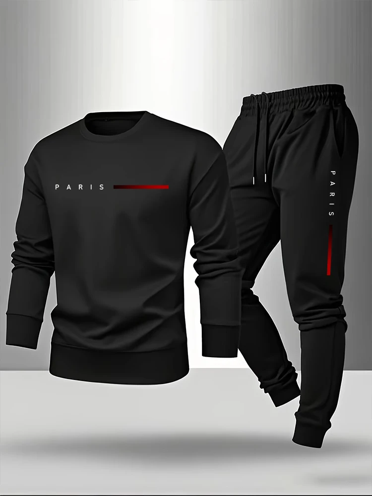 

Paris Fashion Men Longsleeve T-shirt and Sweatpants Urban Casual Sweatshirt Outfit Autumn Home Outdoor Comfort Warm Men's Set