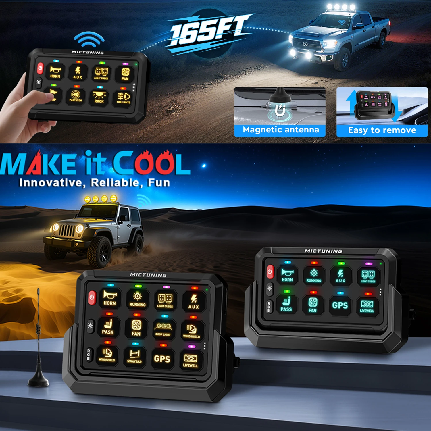 MICTUNING Wireless RGB 8 Gang Switch Panel, Remote Control Range Up to 165FT Momentary Flash Strobe Circuit Control Relay System