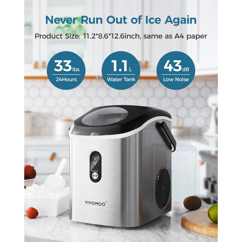 Nugget Ice Maker Countertop, 33 lbs in 24 Hours, Self-cleaning Sonic Portable, Soft Chewable Pebble Ice in 5 Mins with Ice Scoop