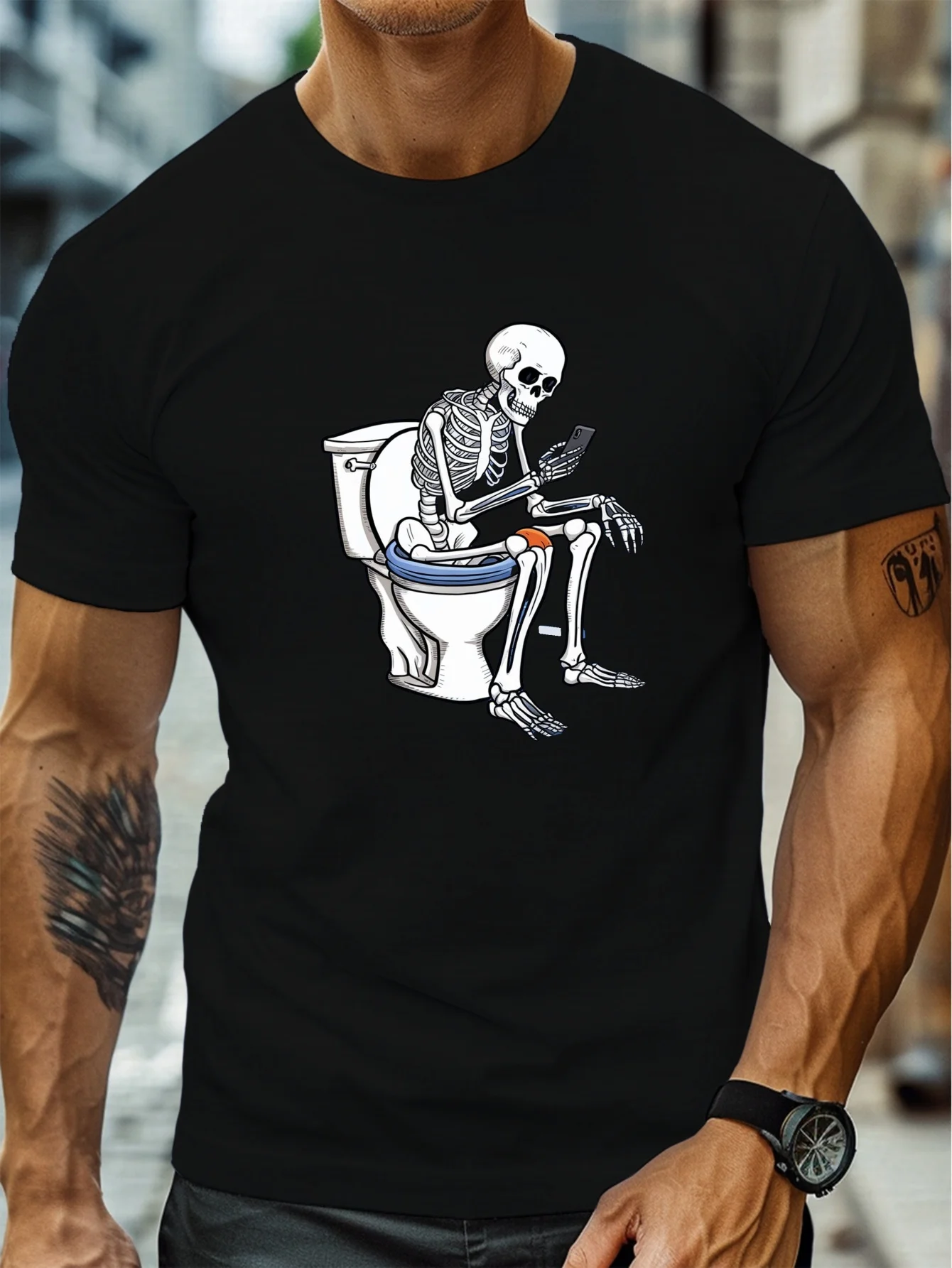 Men'S Fun Skull Toilet Design T-Shirt Black Background White Humorous Bathroom Design Suitable for Casual Office and Party Wear