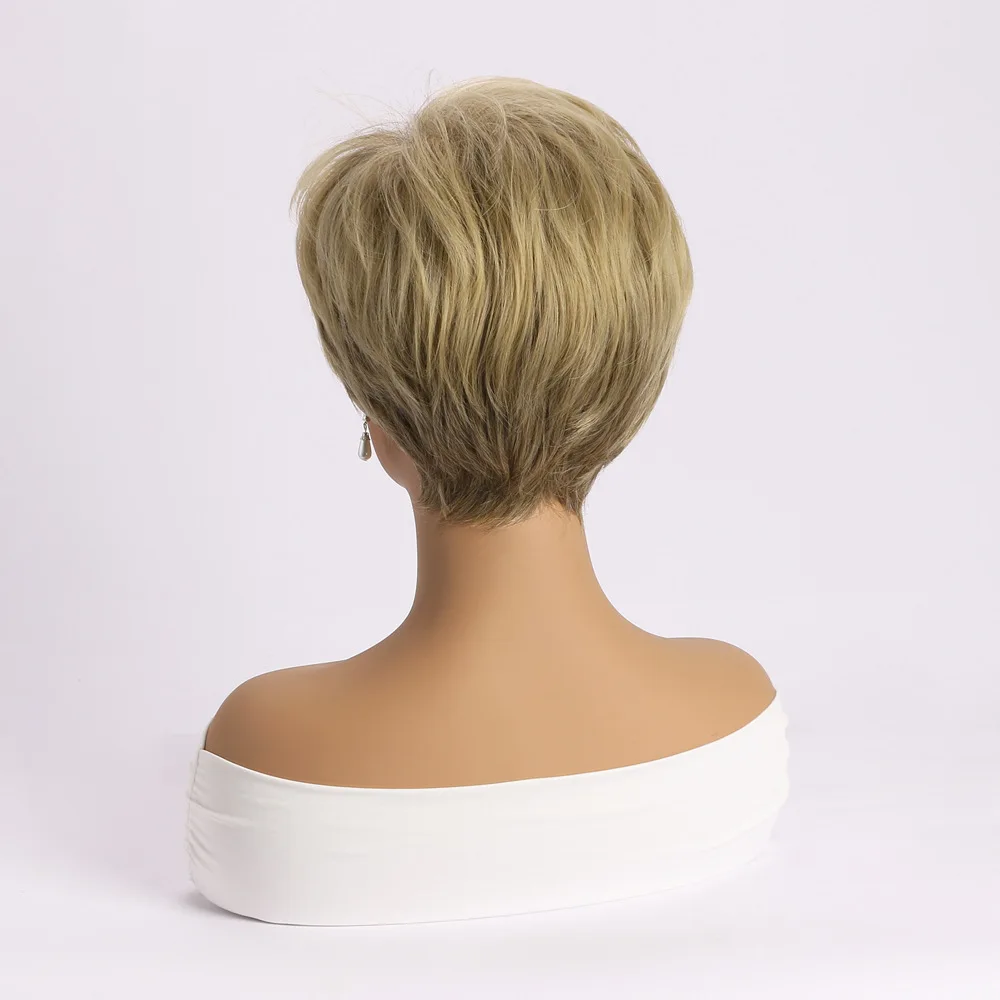 Short Pixie Cut Hair Blonde Straight Wig Natural Synthetic For Women Daily Party Cosplay Use Heat Resistant Head Cover