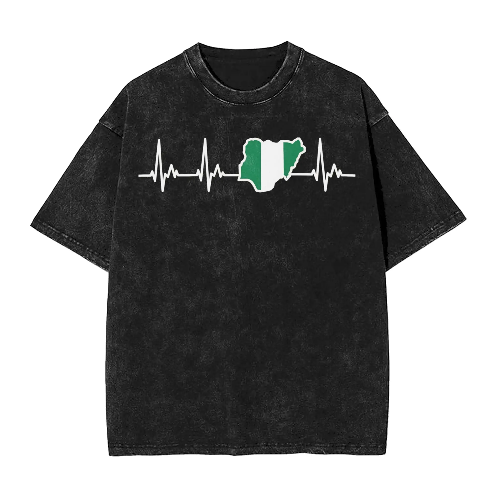 Nigerian Flag My Heart Beats for Nigeria Apparel Washed T Shirts for Men Women Streetwear Hip Hop T-Shirt Summer  Tee Shirt