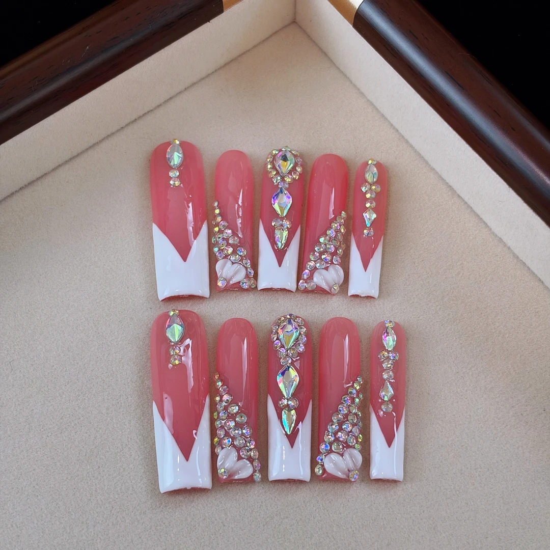 10pcs High-end Sweet girl style, hand-painted petals, dazzling cluster of diamonds handmade fake nails