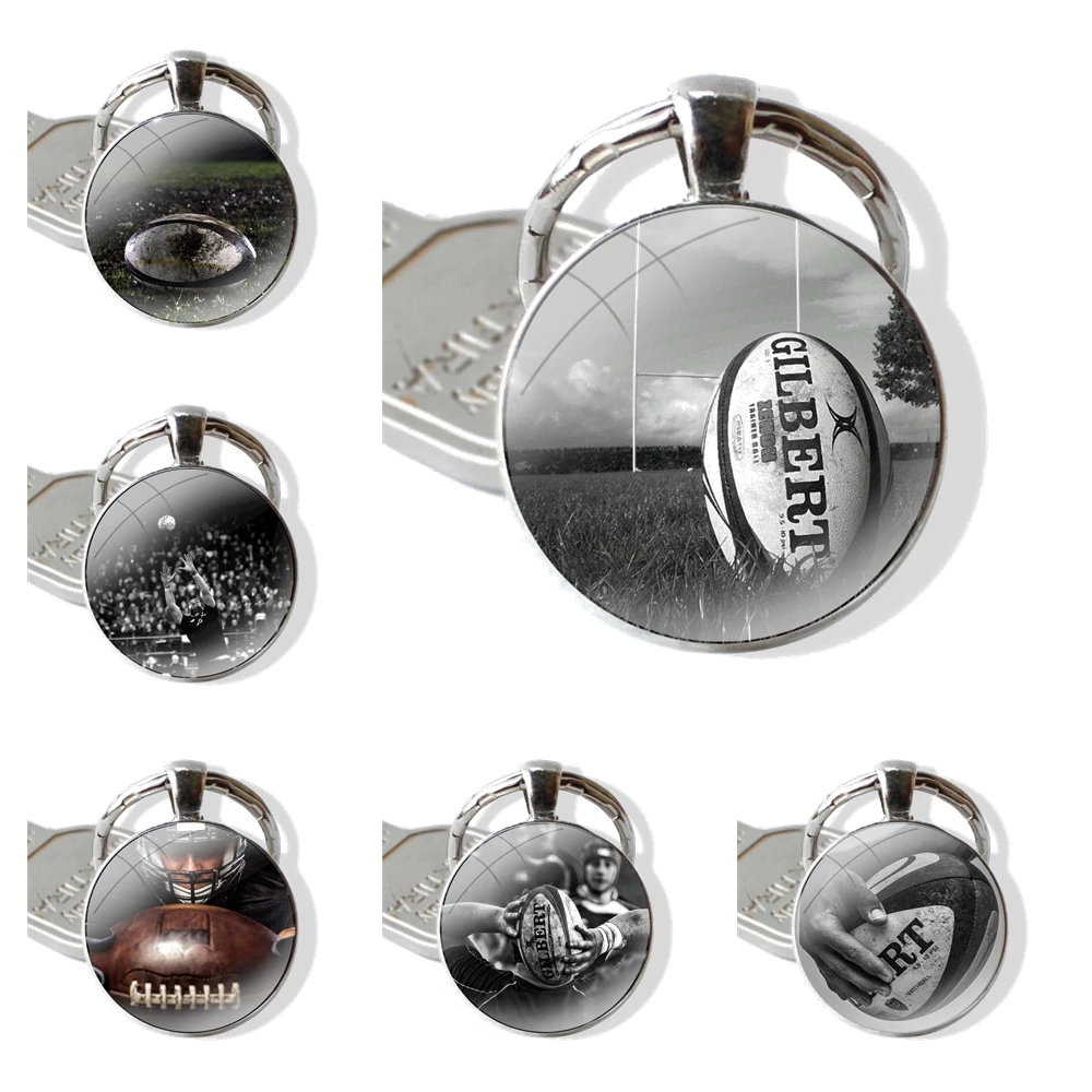 Rugby Ball Sport Keychain Handmade Glass Cabochon Key Ring Holder Pendant Key Chains