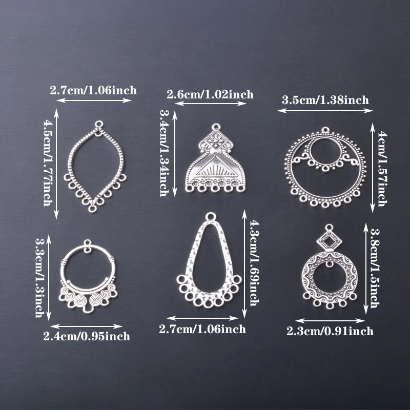 12 Stück/Set, ethnische, antike, silberfarbene Anhänger, Verbindungsstücke für die Schmuckherstellung, Boho-Stil, viele Löcher, zum Selbermachen von Ohrringen für Damen. – Detail 4