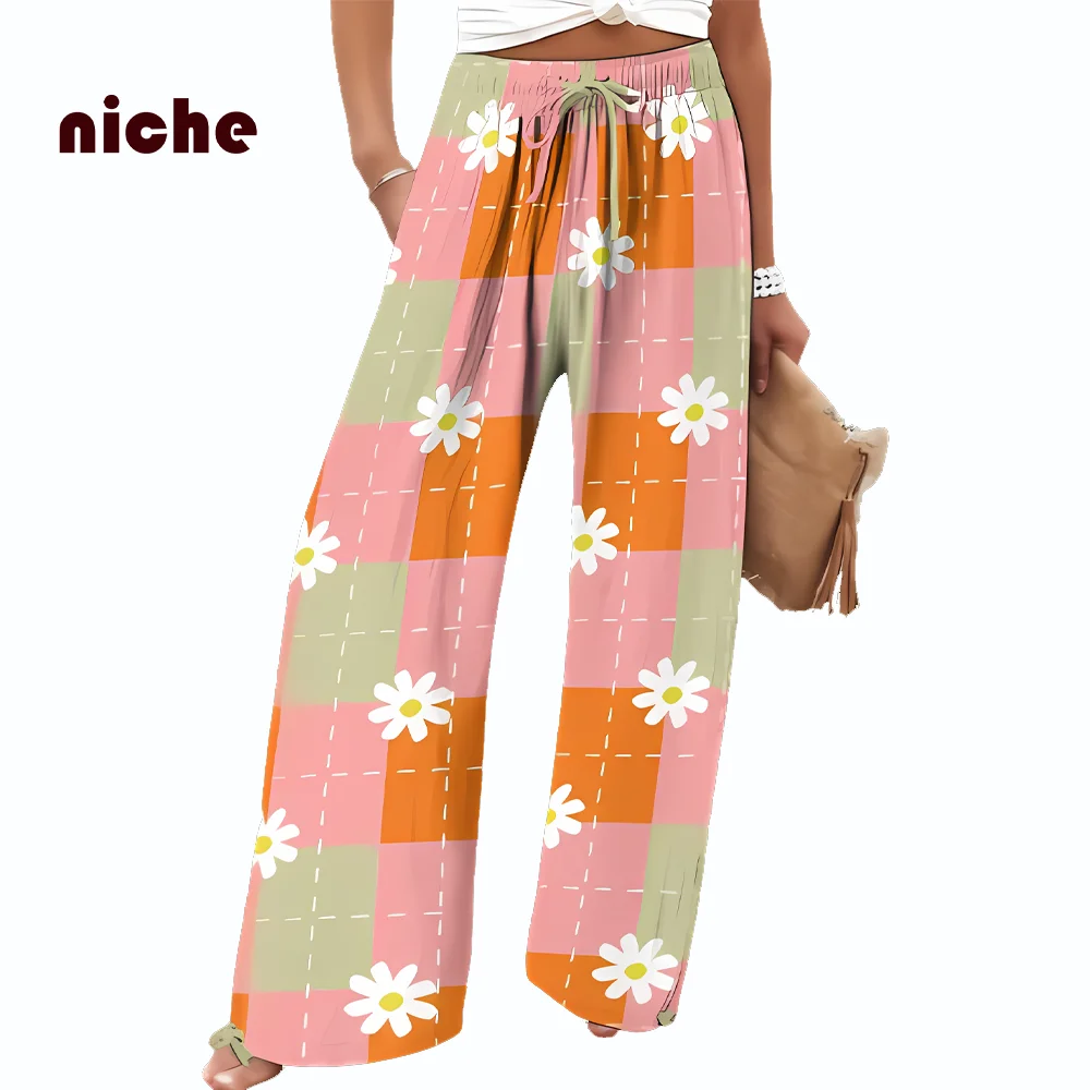 Cute Little Daisy Plaid Printing Women's Beach Pants Casual Loose Pure Cotton High-Quality Designer New Trendy Wide-Leg Pants