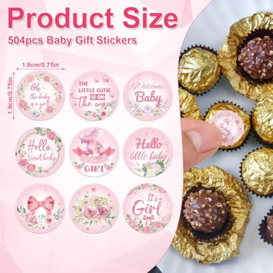 504pcs Girl Baby Shower Stickers for Favors, Pink Sweet It's A Girl Baby Stickers Round Baby Girl Labels for Chocolate Candy Gi