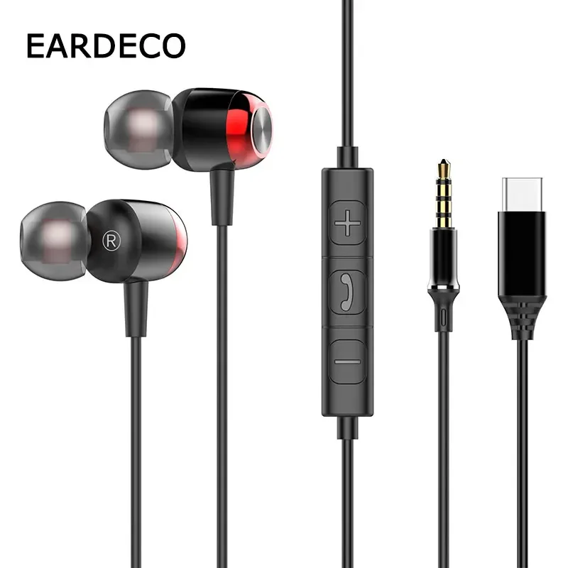EARDECO TypeC/3.5mm Wired Headphones with Mic Volume Control Music Phone Earphones with Bass headset for Samsung Huawei Xiaomi