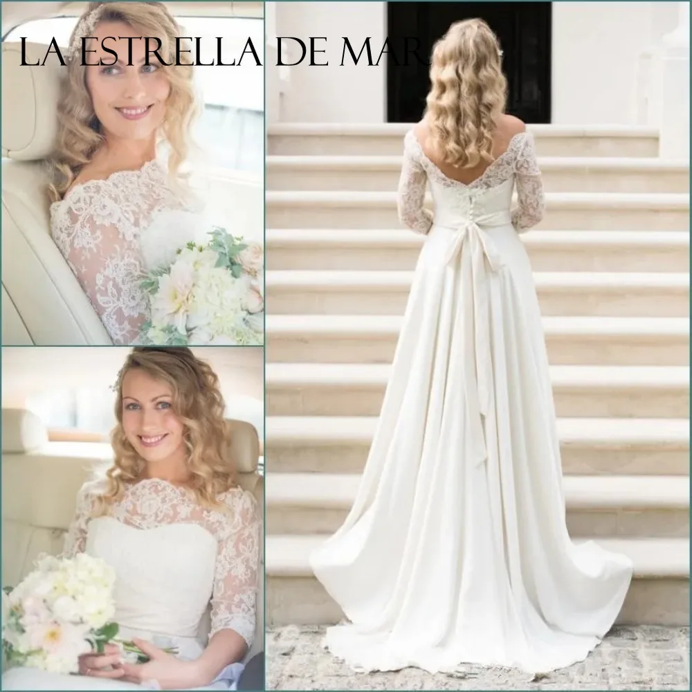 Brautkleider für Übergrößen Spitze Chiffon Phantom 3/4 Ärmel Hochzeitskleid Ländlich Bohemian A-Linie Vestido Longo