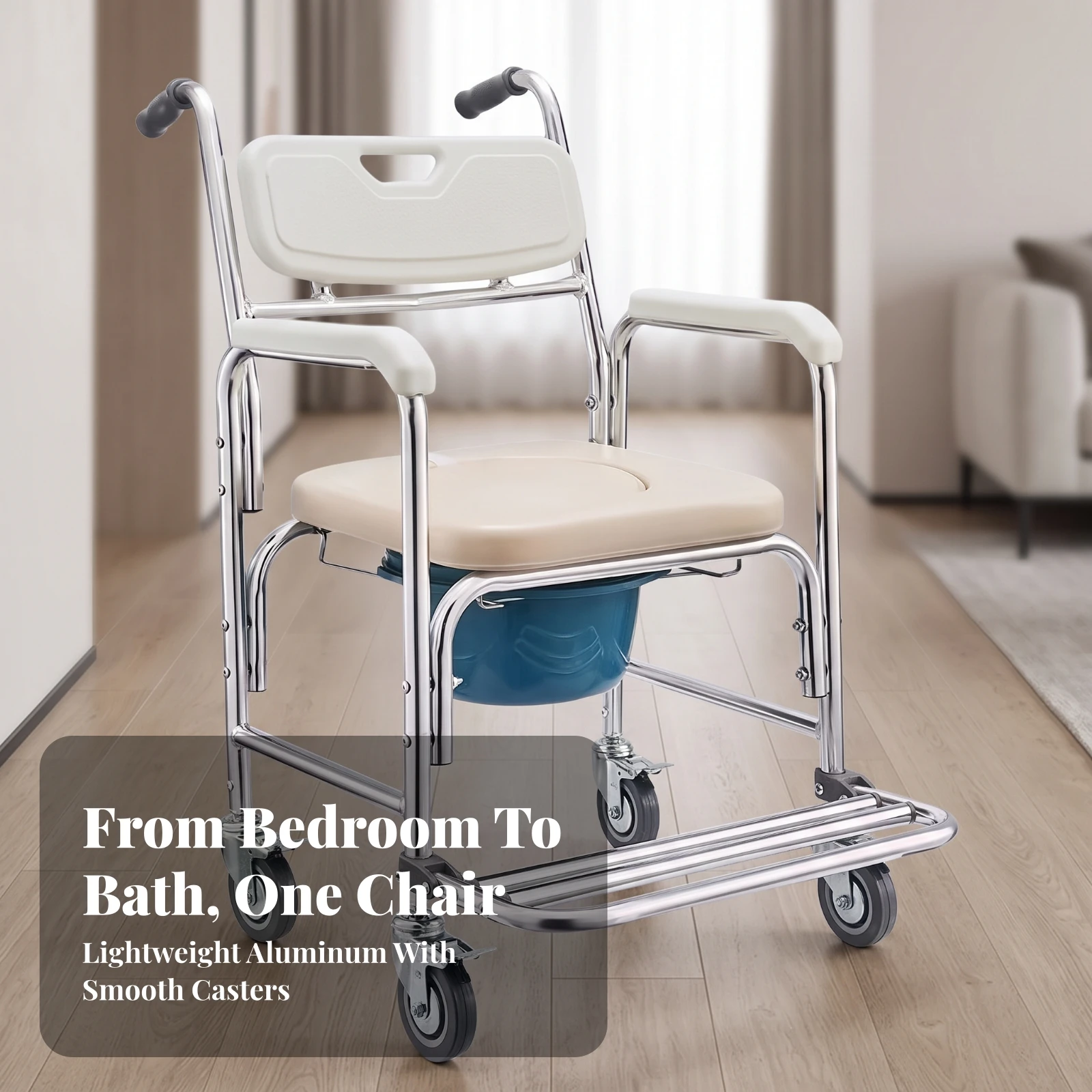 Commode Chair with Wheels Corrosion-Resistant Wheeled Transfer Chair with Toilet Seat Bath Commode with Wheels Portable Padded