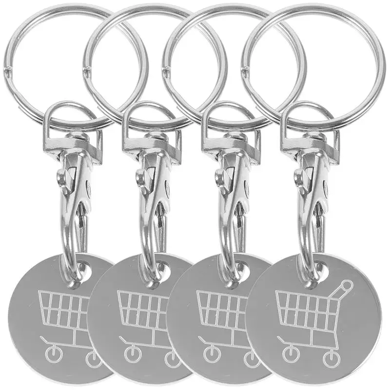 4pcs Shopping Trolley Remover Key Ring Token Chip With Carabiner Hook Practical Metal Hanging Keyring Ornament silvery