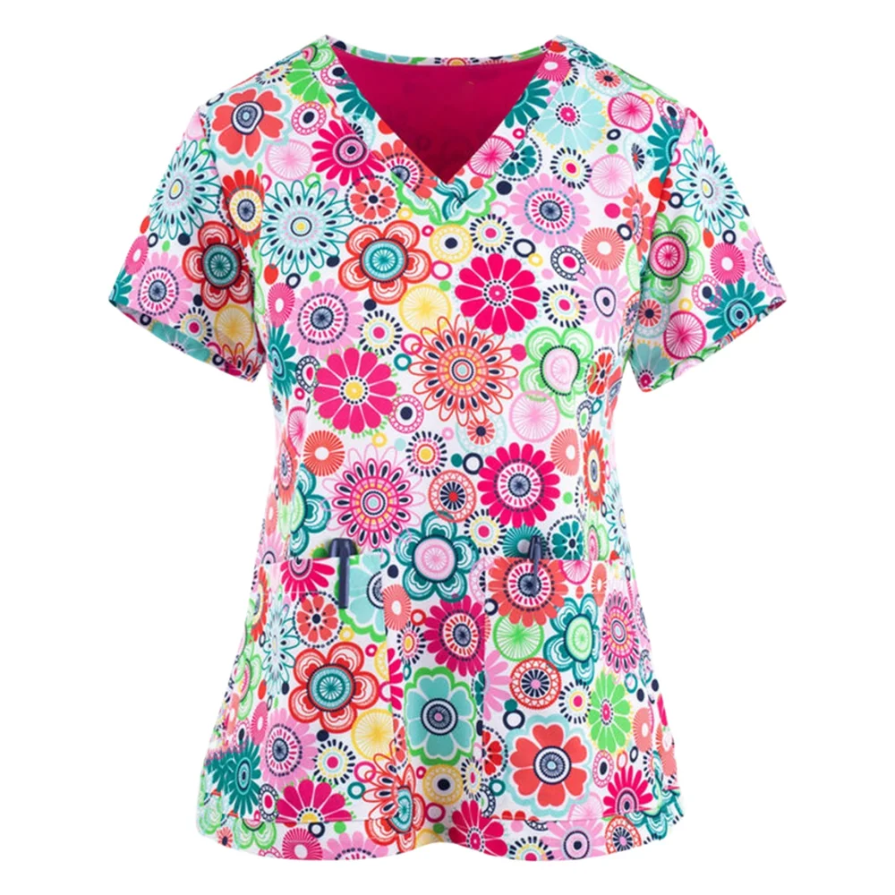 Medico Chirurgische Uniformen Vrouwen Korte Mouwen Bloemenprint V-Hals Zakken Tandheelkundige Vrouwen Scrubs Schoonheidstherapie Medisch Uniform