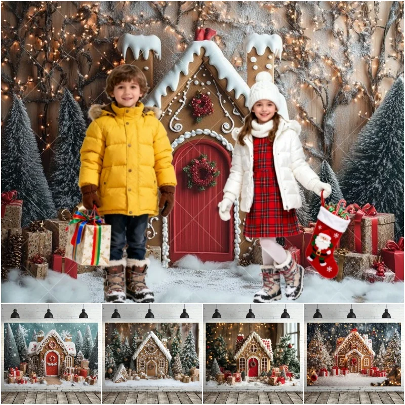 Weihnachten verschneite Lebkuchenhaus Fotografie Hintergrund Glitzer Weihnachtsbaum Geschenke Kind Foto fotografisch für Familie Party Dekor
