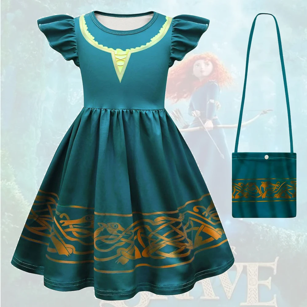 Vestidos de Halloween para niñas, disfraz de Mérida valiente para niñas, Vestido de princesa, bolso, Vestido de fiesta de Carnaval, ropa de verano para niñas pequeñas