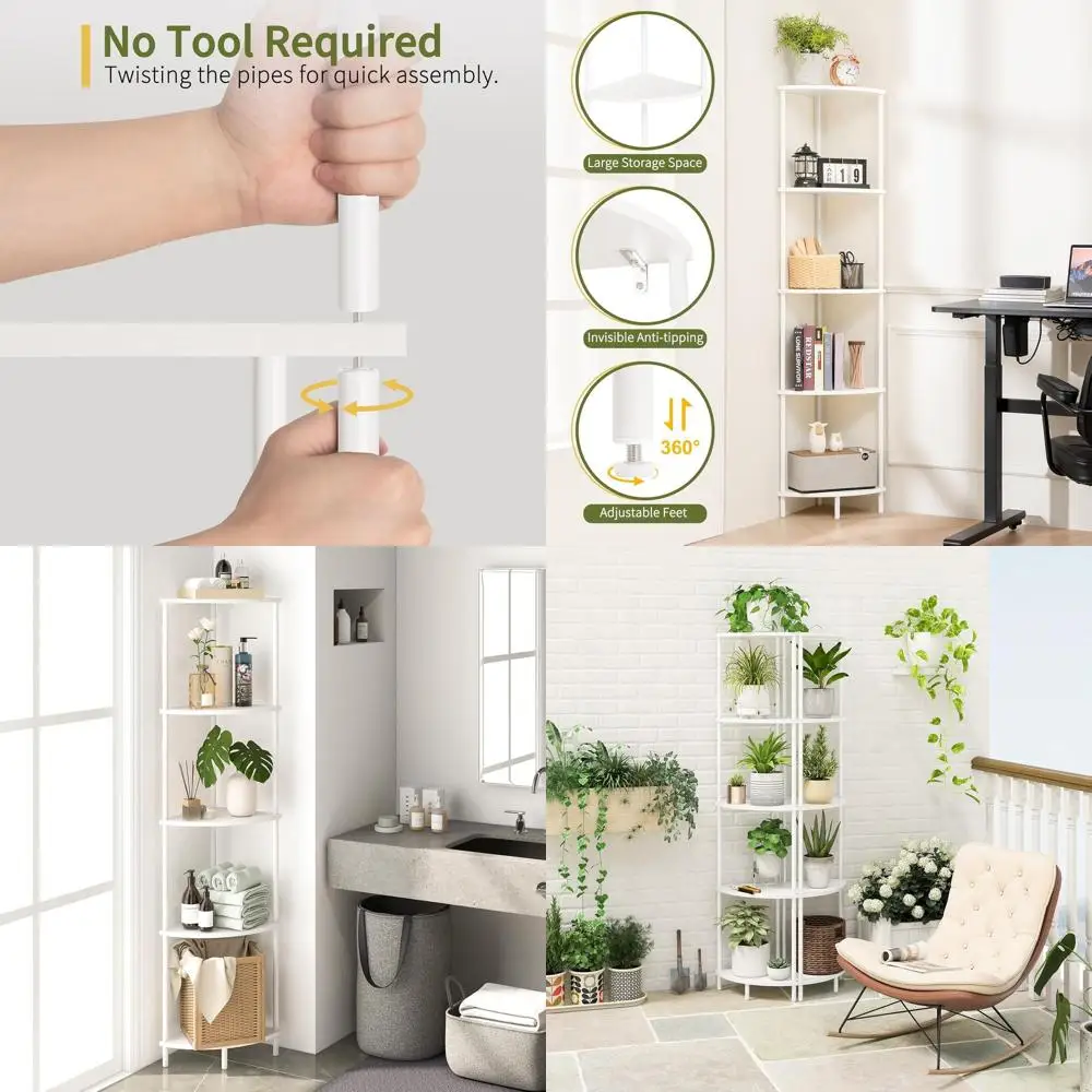 Corner Shelf Stand, 5-Tier Bookshelf, 65" Tall Shelves for Bedroom, Living Room, Narrow Display Shelf Bookcase, White Book Shelf