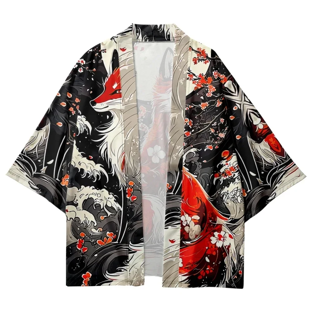 انمي ياباني ساكورا الثعلب طباعة كيمونو 2025 الشارع الشهير سترة النساء الرجال Harajuku Haori تأثيري قميص حريمي يوكاتا الملابس الآسيوية