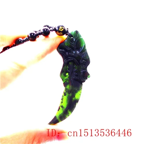Chiński czarny zielonego jadeitu wisiorek z wilczym zębem naturalne ręczne rzeźbione naszyjnik moda Amulet szczęście prezenty mężczyzn łańcuch sweter