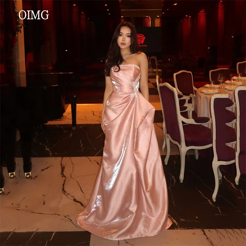 

OIMG Shiny Pink Strapless Mermaid Prom Gowns Beaded Party Gown Floor Length Evening Dress vestido de fiesta elegante Customized