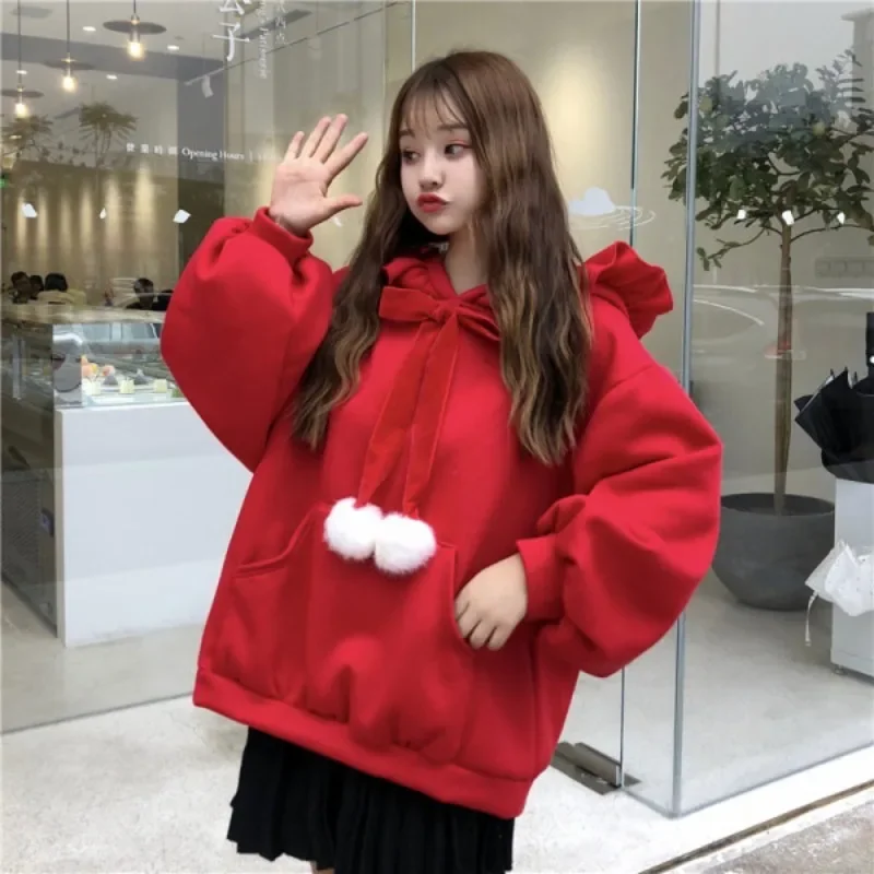 

Christmas Red Hooded Sweatshirt Women Oversized Hoodie Harajuku Korean Fashion Long Sleeve Pullovers Preppy Kawaii Clothes Y2k