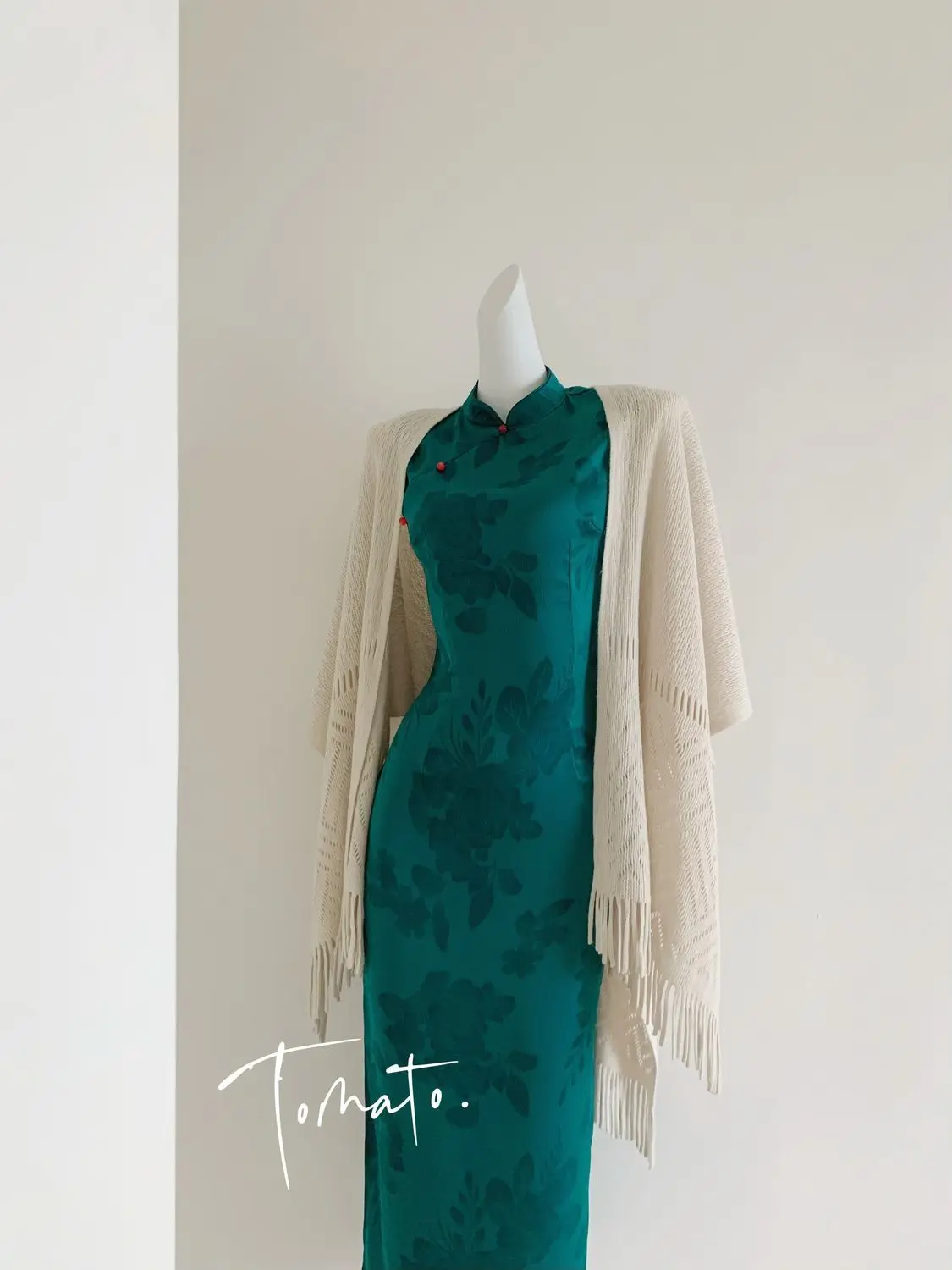 Peacock Blue Green National Style Standing Collar Buckle Dress For Women'S Summer New Jacquard Satin Cheongsam