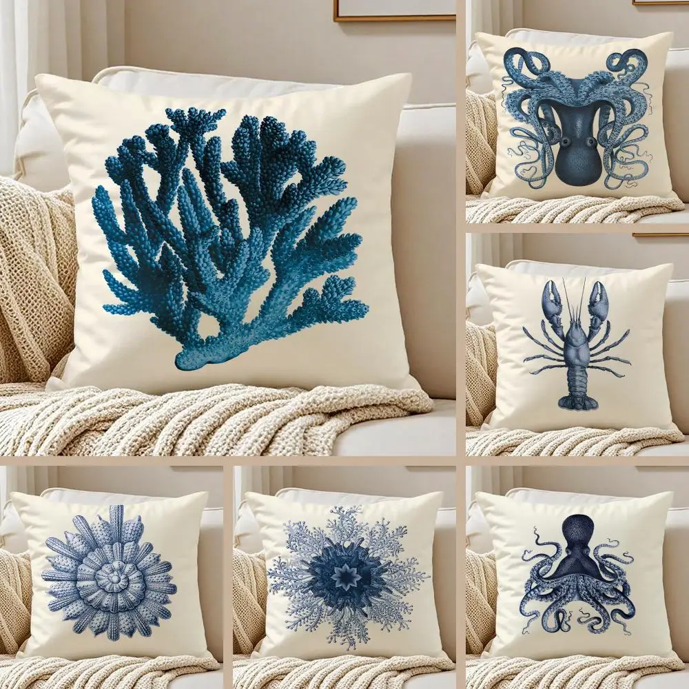 Blue Sea Creature Coral Shrimp Cushion Cover Pillowcase Anti-dustmite Invisible Zipper Short Plush Sofa Cushion