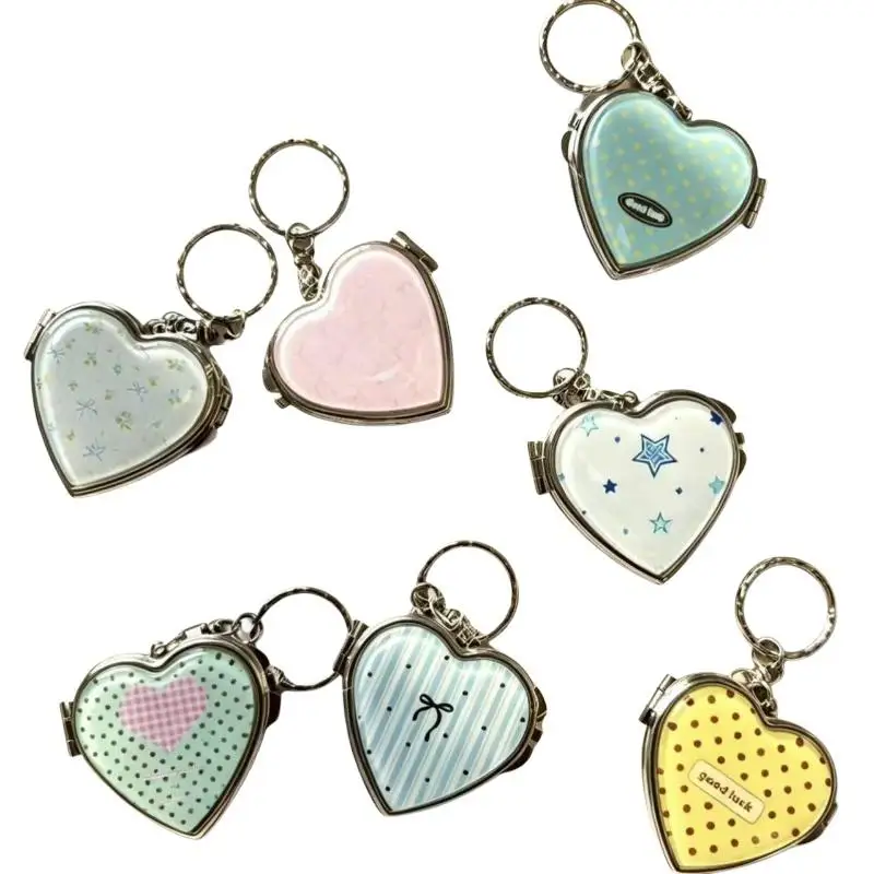 Acrylic Panel Keychain Heart Shaped Alloy Hardware Keychain Pendant Silver Tone Edging Pastel Patterns Key Ring Best Friend Gif