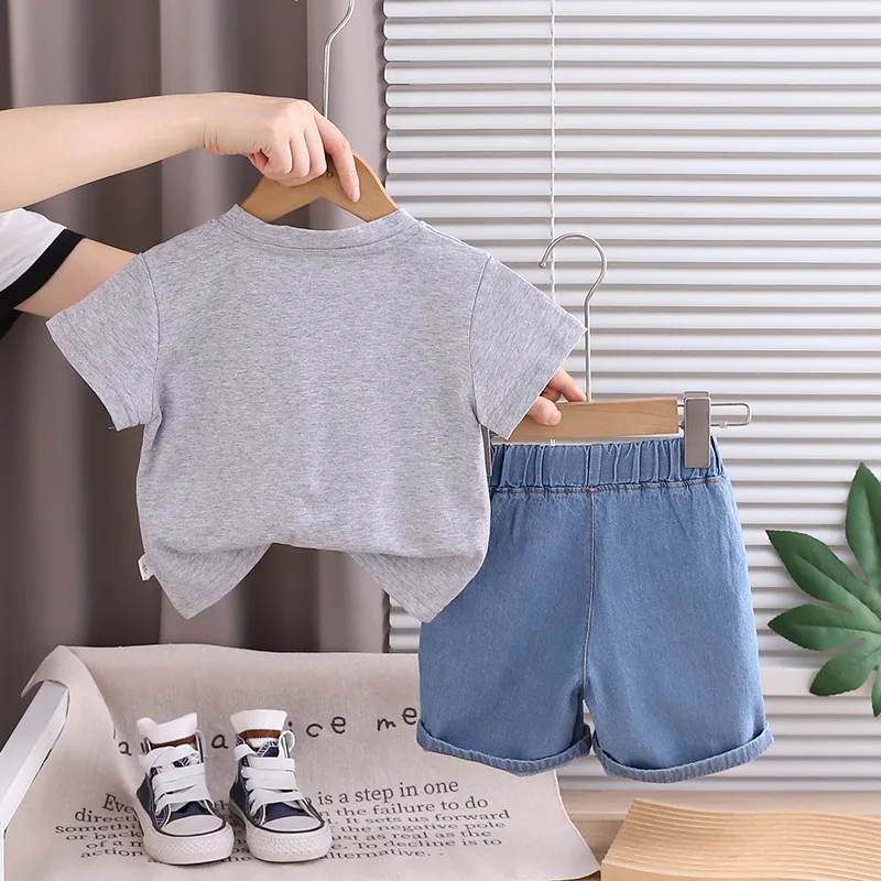Toddler Boys Girls Monkey Banana Print T-shirt Alphabet Embroidery Denim Shorts Set 2026 Summer New Casual 2pcs Outfits