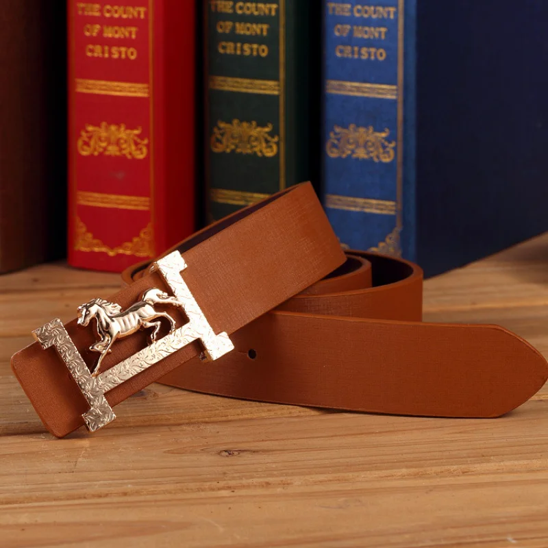 Cinto masculino de couro, cinto de calças, fivela de cinto dourado, cinto de couro de cavalo, estilo coreano, fivela suave, cinto casual