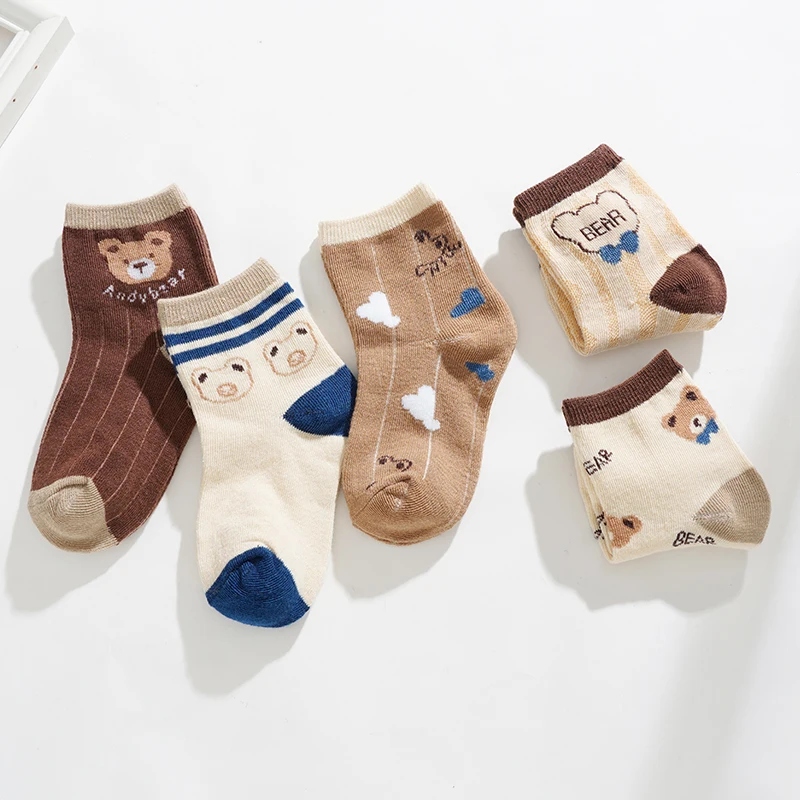 5 Pairs Autumn New Children\'s Socks Cartoon Bear Series Coffee Color Middle Tube Socks High Elastic Soft And Comfortable Socks