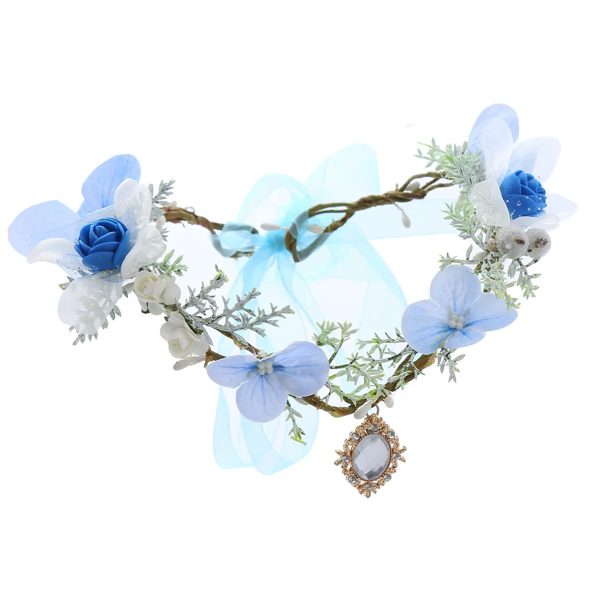 Handmade Blue Flower Crown Rose Fairy Floral Headband Elf Forest Headpiece for Women Girls Princess Wedding Shower Cosplay