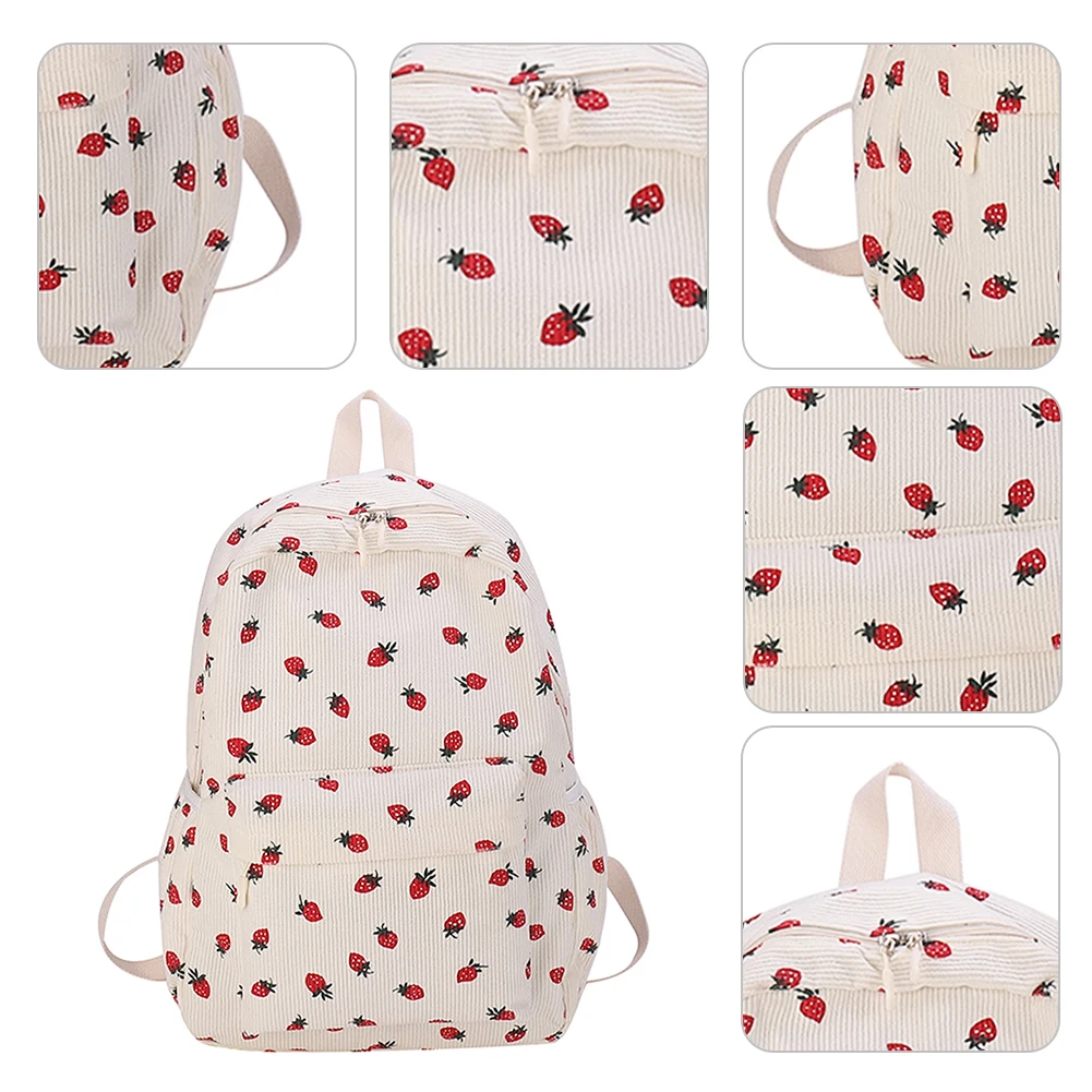 Corduroy Strawberry Backpack Students School Bag Large Capacity Trendy Book Bag Multi-pockets Adjustable Strap for Women Girls