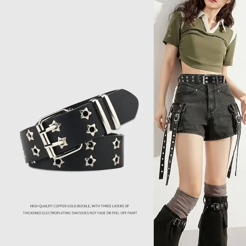 

American Style Full Hole Punk Belt, Women's Double Breasted Jeans With Full Hole Leather Bandwidth, Niche Design Sense