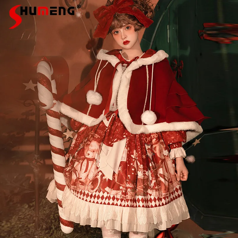 

Christmas Party Red Lolita Long Sleeve Dresses Hooded Cloak New Year Girl's Cute Bear Print Dress Set Women's Birthday Dress