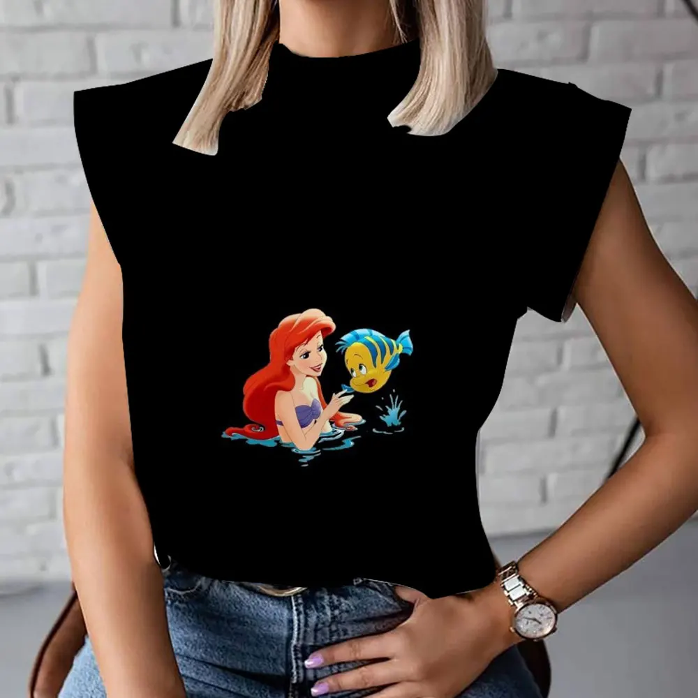 New summer fashion all-match Ariel Mermaid anime Harajuku street print women's high collar T-shirt fashion vest 2024