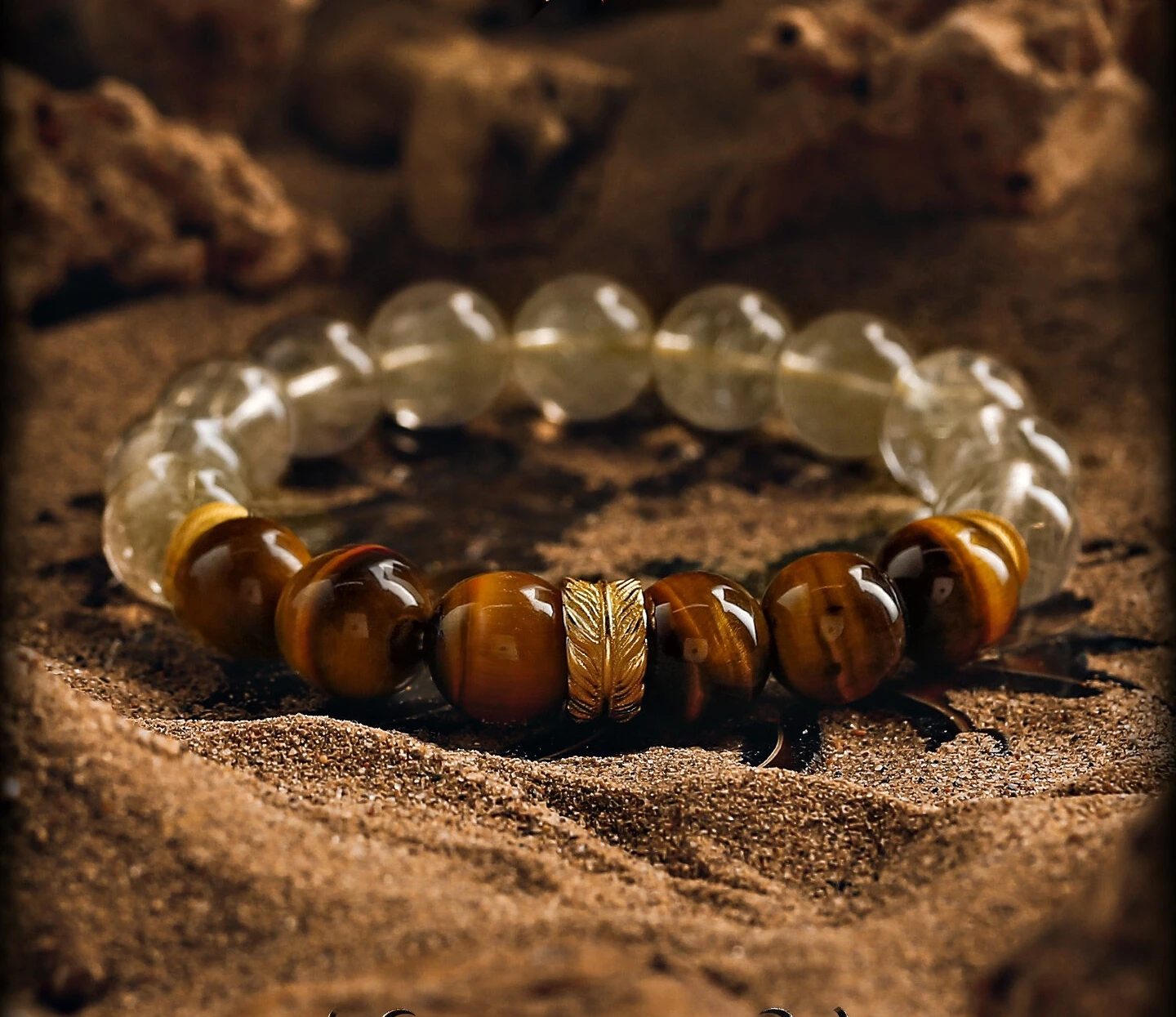 [Muguang] Brazilian Golden Hair Crystal Bracelet Men's Lightning Tiger's Eye Stone Bracelet Crystal