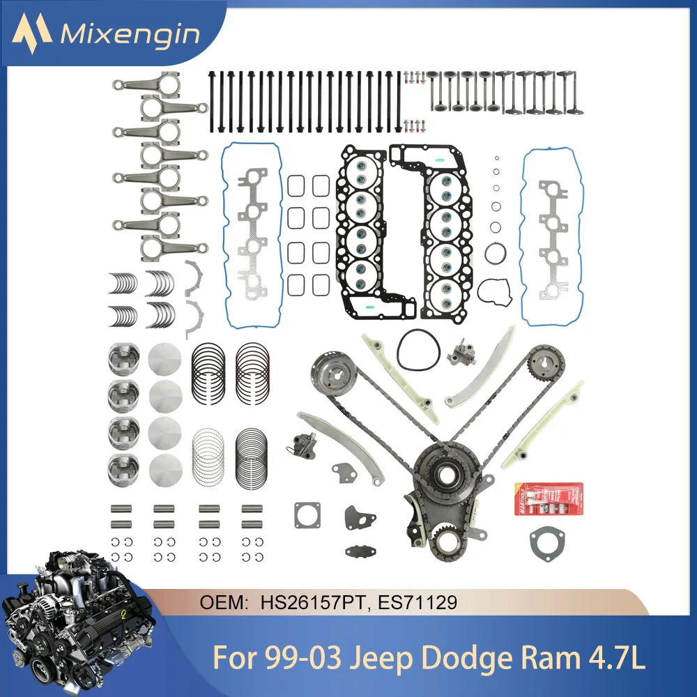 

Engine Parts Overhaul Gasket Set Timing Chain Kit Piston Fit 4.7 L For 99-03 Jeep Grand Cherokee Dodge Dakota Ram 4.7L V8 Gas