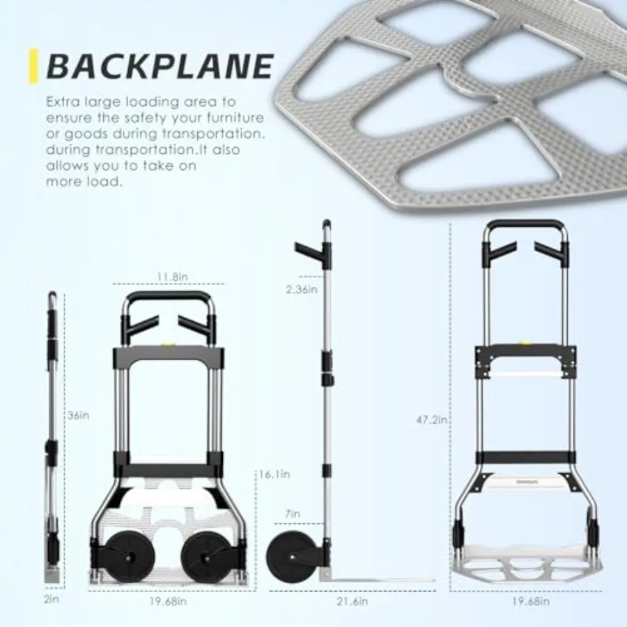 عربة دوللي يدوية قابلة للطي بسعة 340 رطل، تصميم ألومنيوم محمول يتميز بمقبض تصغير وعجلة مطاطية مقاس 7 بوصة