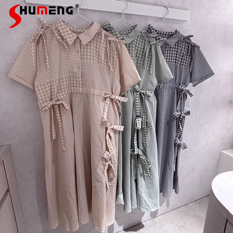 

Japanese Rojita Y2k Plaid Patchwork 3D Bow Decoration Loose Adjustable Waist Short Sleeved Turn-Down Collar Dress Long Dresses