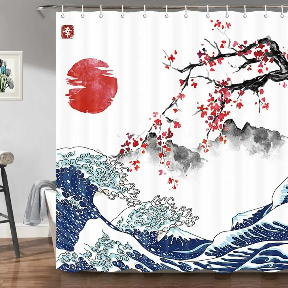 Japanese Ocean Shower Curtain Spring Flower Cherry Blossom Red Sun Grey Mount Print Anime Chic Home Bathroom Polyester Screen