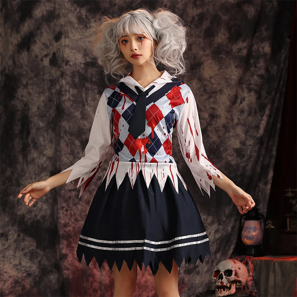 Stroje na Halloween dla dziewczyn, maskarada, przebranie zombie dla dorosłych, sukienka z efektem krwi, strój uczennicy, top i spódnica, zestaw ubrań dla dzieci na występy.