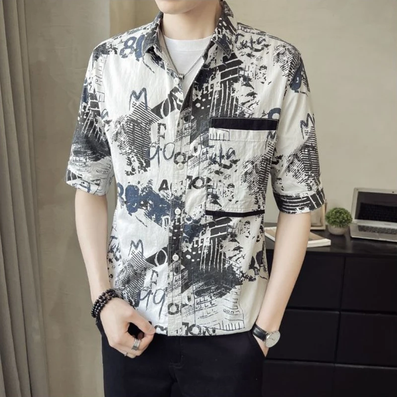 

Korean Mens Slim Fit Floral Shirt Lightweight Short Sleeve Trendy Summer Wear Casual Outerwear for Young Students Half Sleeve