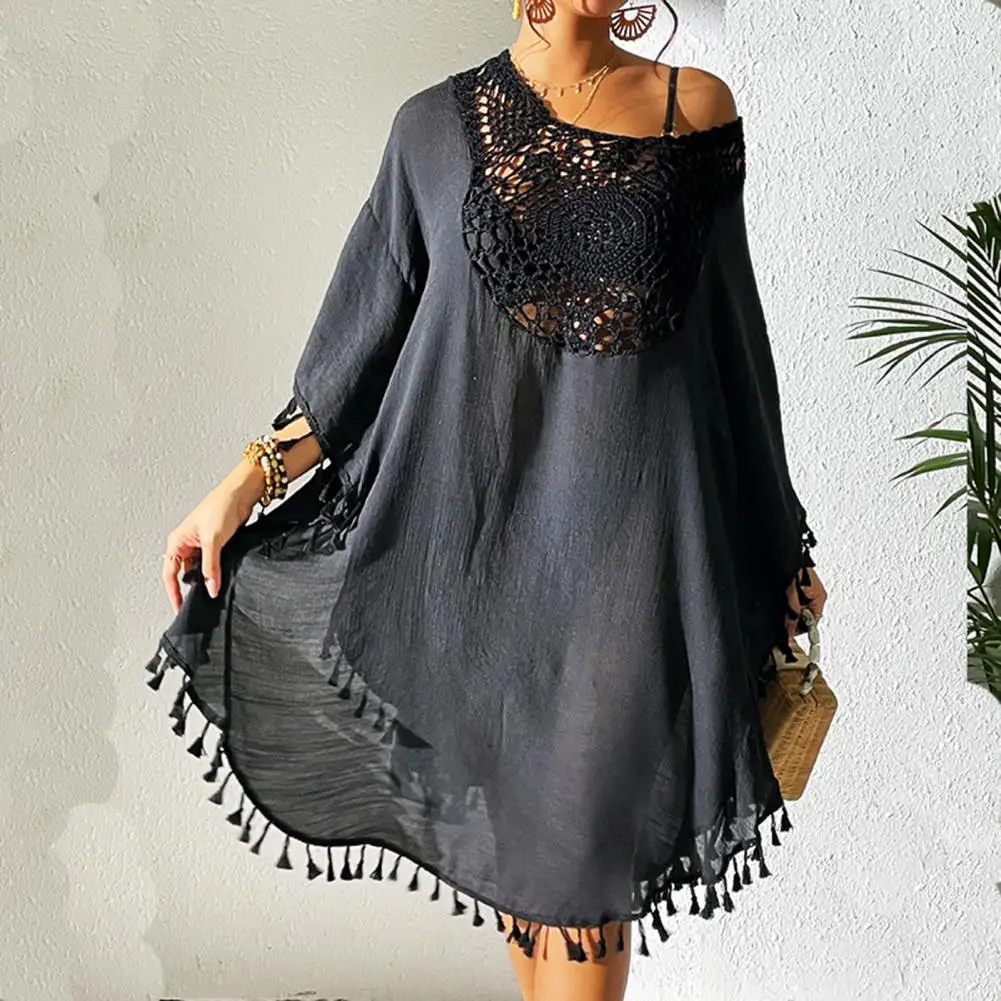 Fringed Bikini Cover Up Hollow Design Cover Up Blouse Loose Fit Swimsuit Dress Women's O-neck Fringed Hollow Beach Cover Up