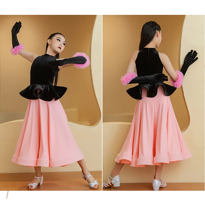 Kinder Mädchen Samt Walzer Ballsaal Dancewear Wettbewerb Kleider Herbst Winter Professionelle Tanz Kostüm Rumba Moderne Kleidung