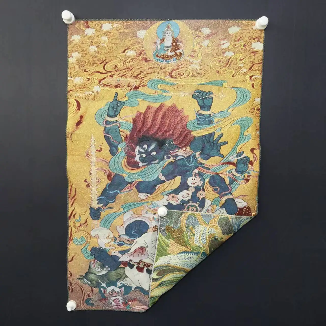 

35"Nepalese temples Thangka Embroidery silk Embroidery Step Throwing Ming King Buddha Padanaksipa Thangka hanging screen