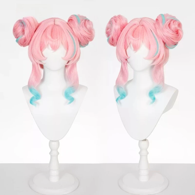 Honkai Star Rail Newly Hyacine Cloudside Warmth Cosplay Wig, Pink Blue Gradient Double Bun Wig with Detachable Hair Buns