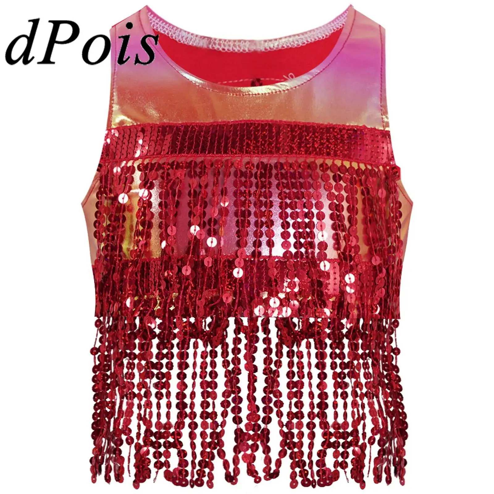 Tops con lentejuelas para niños y niñas, chaleco con borlas brillantes sin mangas, Crop Tank Top metálico, traje de danza del vientre Latina para actuaciones en escenario